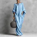 Flowy light blue off-shoulder maxi dress with elegant batwing sleeves and loose fit - S / Dress (Y7038) / Blue