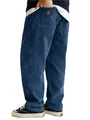 Close-up of men's loose blue corduroy pants featuring back pocket with letter label - Navy Blue