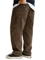 Macro detail view of men's loose brown corduroy trousers featuring back pocket patch - Dark Brown