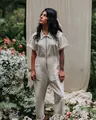 European style casual off-white zip-up short sleeve jumpsuit for women - XS / Set / Khaki