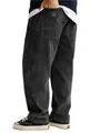 Detail view of men's loose corduroy trousers showing fabric texture and back pocket label. - Black