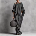 Elegant bohemian charcoal grey loose linen off-shoulder maxi dress with side pockets - S / Large Flare Style (Y7038) / Black