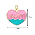 Pink and blue enamel heart pendant with 'swim' lettering and 15x13mm dimensions - "swim" Letter Heart Pendant - Ring Style / Gold