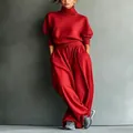 Elegant red two-piece tracksuit for women with high neck top and wide leg pants - S / Top And Bottom / Red