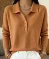 Casual gemberkleurige damesgebreide trui met reverskraag en halve knoopsluiting - 3XL / Tops / koffiekleur