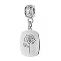 Polished stainless steel rectangle pendant charm featuring a laser-engraved rose design. - June (Rose) - Heart Bail / Silver