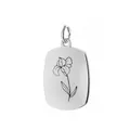 Polished stainless steel rectangular birth flower charm with engraved iris floral design - February (Iris) / Silver