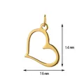 Detail view of a gold heart pendant with 14mm and 16mm dimension markings. - Simple Hollow Heart Style / With Closed Ring