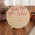 Ronde houten baby geboorteaankondiging mijlpaal met roze 3D Hello World tekst erop - Hello World Geboorte Aankondiging Bord Met Standaard / 15cm / Roze