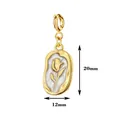 Detailed size view of 18K gold plated stainless steel tulip pendant, 20mm x 12mm. - White Rose Irregular Plaque / With Spring Clasp