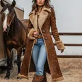 Vintage western long brown coat featuring plush lining and retro buttons on a model - S / Tops / Mocha Brown