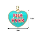 Detail view of 15mm teal heart pendant with pink FOR EVER text for DIY jewelry making. - Gold Frame Lake Blue Enamel FOR EVER Heart Style (forever) / 15x15mm