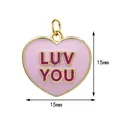 Detailed view of a pink heart-shaped alloy pendant with LUV YOU text, size 15mm - Gold Frame Pink Enamel LUV YOU Heart Style (loveyou) / 15x15mm