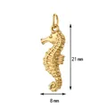 Detailed macro view of golden stainless steel seahorse pendant with dimensions 21x8mm - Seahorse With Split Ring