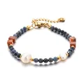 Handmade bracelet with natural freshwater pearls, blue sodalite, and brown agate beads. - Blue Agate with Double Pearls Style (DSC_5615)
