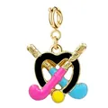 Gold-plated field hockey charm with pink and blue enamel sticks and black heart frame. - Golf/Hockey Stick / Gold Clasp