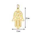 Gedetailleerd overzicht van een gouden Hamsa-handhanger van 13 mm bij 22 mm. - Hamsa Hand / Hangerpakket