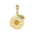 Pendentif tournesol en acier inoxydable doré avec émail blanc et détail de feuille verte - Marguerite / Fermoir à anneau ressort / Jaune d'Or