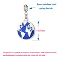 Detailed view of blue enamel globe pendant with 6mm stainless steel spring buckle - Earth / Silver Clasp / Silver