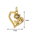 Detailed dimension shot of a gold heart pendant with flower, 16x15 mm - Sunflower Hollow Heart Style / With Closed Ring