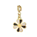 Pendentif trèfle à quatre feuilles en acier doré avec émail noir et blanc pour bijoux - Trèfle de la Chance / Fermoir à anneau ressort / Noir et Blanc