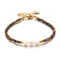Natural tiger eye stone beaded bracelet featuring three white pearls and golden metallic accents - Faceted Tiger Eye with Three Artificial Pearls (DSC_5628)