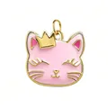 Pendentif tête de chat en émail rose avec couronne dorée pour bijoux DIY - Chat (Anneau Doré)