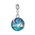 Circular alloy charm with blue night mountain and moon enamel design for DIY jewelry - Starry Night Scenery / Silver Clasp / Silver