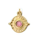 Round gold plated stainless steel sunburst pendant charm with pink natural stone inlay - Sunburst Pattern Pink-Purple Natural Stone Pendant (5-3)