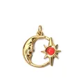 Pendentif céleste soleil et lune en acier doré avec pierre naturelle rouge centrale. - Pendentif anneau soleil et lune (avec anneau en acier fermé) / Or avec pierre rouge