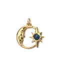 Pendentif lune et étoile en acier inoxydable plaqué or 18 carats avec pierre bleue - Style circulaire soleil et lune anthropomorphe / Attache à anneau fixe / Or avec pierre naturelle bleue