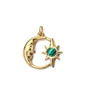 Pendentif lune et étoile en acier inoxydable plaqué or 18 carats avec pierre malachite - Style circulaire soleil et lune anthropomorphe / Attache à anneau fixe / Or avec pierre naturelle verte tachetée