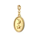 Pendentif ovale en acier inoxydable plaqué or avec motif lune et étoile gravé - Style plaque ovale avec relief soleil et lune / Fixation avec fermoir à ressort / Or