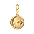 Pendentif céleste en acier inoxydable plaqué or 18 carats avec étoile et lune gravées - Style plaque ronde à motif rayonnant soleil et étoile lune / Fixation avec fermoir à ressort / Or avec pierre transparente