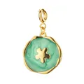 18K gold plated stainless steel charm featuring green enamel and a central flower motif - Green Flower Irregular Plaque / With Spring Clasp