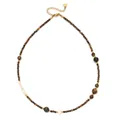 Natural stone beaded necklace with tiger eye and white shell accents on white background - Tiger Eye Shell Beaded (DSC_5660)