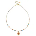 Bohemian beaded necklace with African pine beads and reddish-brown stone pendant design. - Reddish Brown Gemstone Round Pendant (DSC_5670)