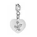 Pendentif en acier inoxydable en forme de cœur poli avec gravure de houx botanique fin - Motif Houx de Décembre / 1 Pièce (Avec Fermoir à Ressort) / Argent