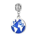 Detailed silver alloy globe charm pendant with blue enamel for DIY jewelry bracelets - Earth / Heart Hollow Clasp / Bright Silver