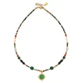 Vintage agate and tiger eye beaded necklace with a central green stone pendant - Sun Pattern Green Gemstone Pendant (DSC_5664)