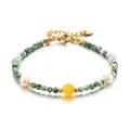 Handmade bracelet with green natural stone beads, white pearls and yellow central accent bead - Green Faceted and Yellow Beads Style (DSC_5619)