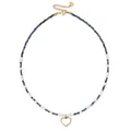 Elegant blue beaded necklace featuring white pearls and a gold heart-shaped pendant design - Gold Edged Heart Pendant (DSC_5858)