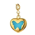 Gold heart-shaped pendant with light blue enamel butterfly charm for DIY jewelry - Heart with Butterfly (10-1)