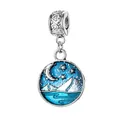 Silver starry night charm pendant with blue mountain and moon enamel detail for jewelry - Starry Night Scenery / Heart Hollow Clasp / Blue