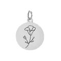 Minimalistische zilveren roestvrijstalen ronde hanger met zwart geëtst bloemmotief - September