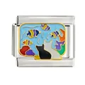 Détail du maillon de bracelet italien avec motif de chat et bocal à poissons en émail - Chat et Aquarium (CYM-024)