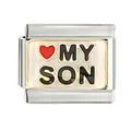 Vue détaillée d'un maillon de bracelet italien en acier avec cœur et texte MY SON - Mon fils (CYM-015)