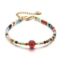 Handmade colorful natural stone beaded bracelet with adjustable gold plated extension chain - Red Agate Green Aventurine Mixed Round Bead Style (DSC_5639)