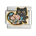 Detailed view of Italian charm link featuring a floral black cat design - Black Cat Outline Roses Style(CYI-004)