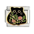 Detailed view of Italian charm module featuring an enamel black cat with pink flowers - Black Cat Flower Style(CYI-001)